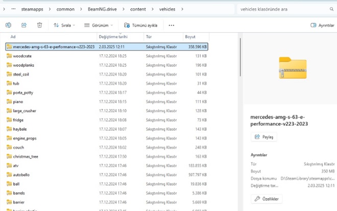 BeamNG.Drive mod yükleme Vehicles Klasörü